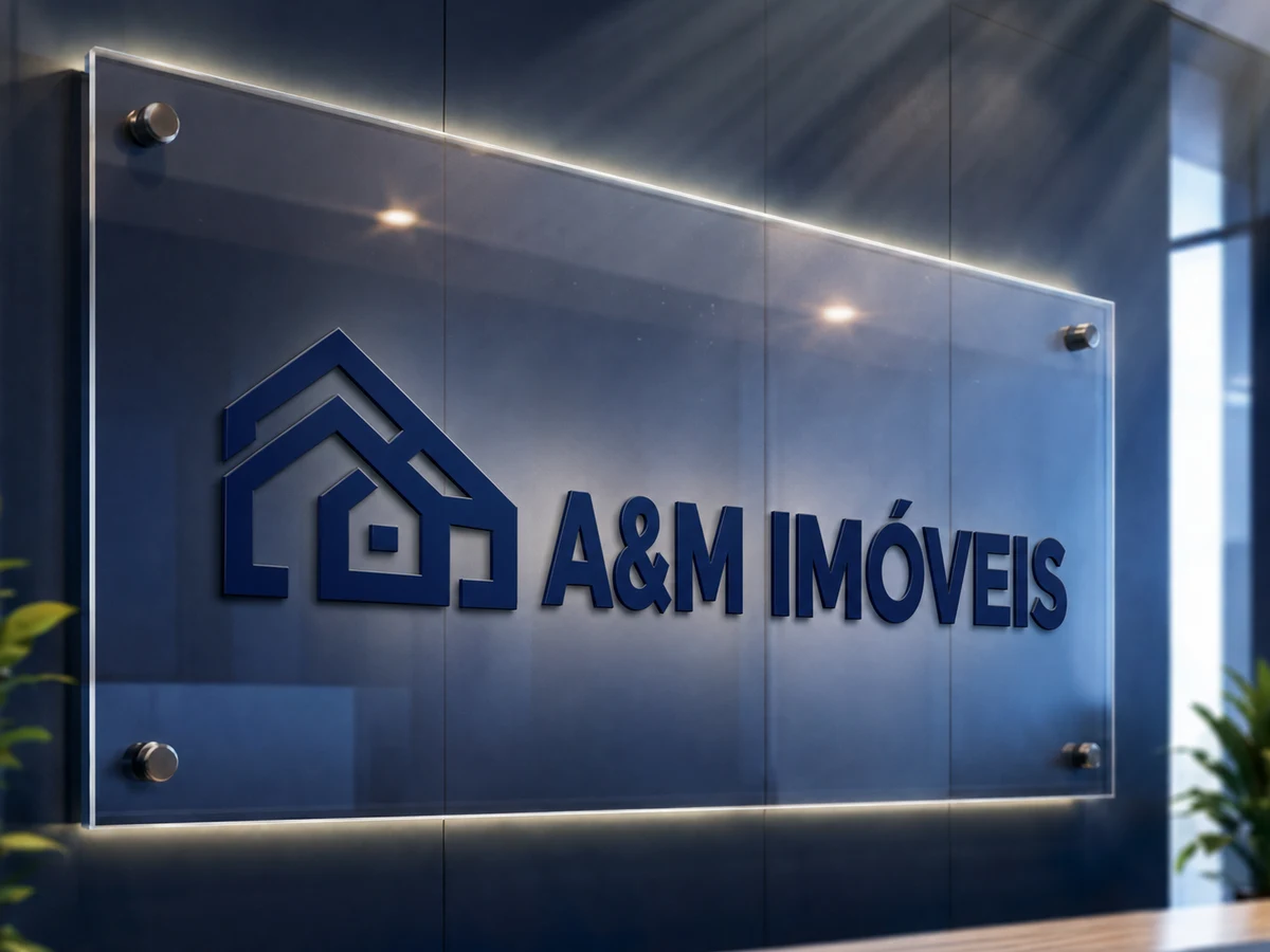 Logotipo oficial A&M Imóveis instalado na parede do escritório